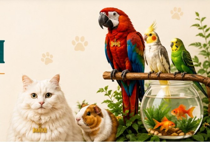 Maya the cat, a guinea pig, a macaw, a cockatiel and a budgie