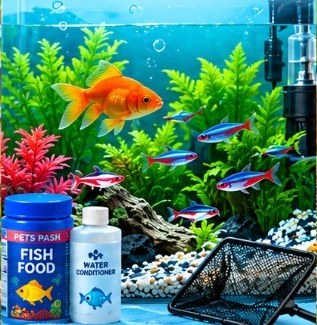 Aquarium with fish, fish food and a net